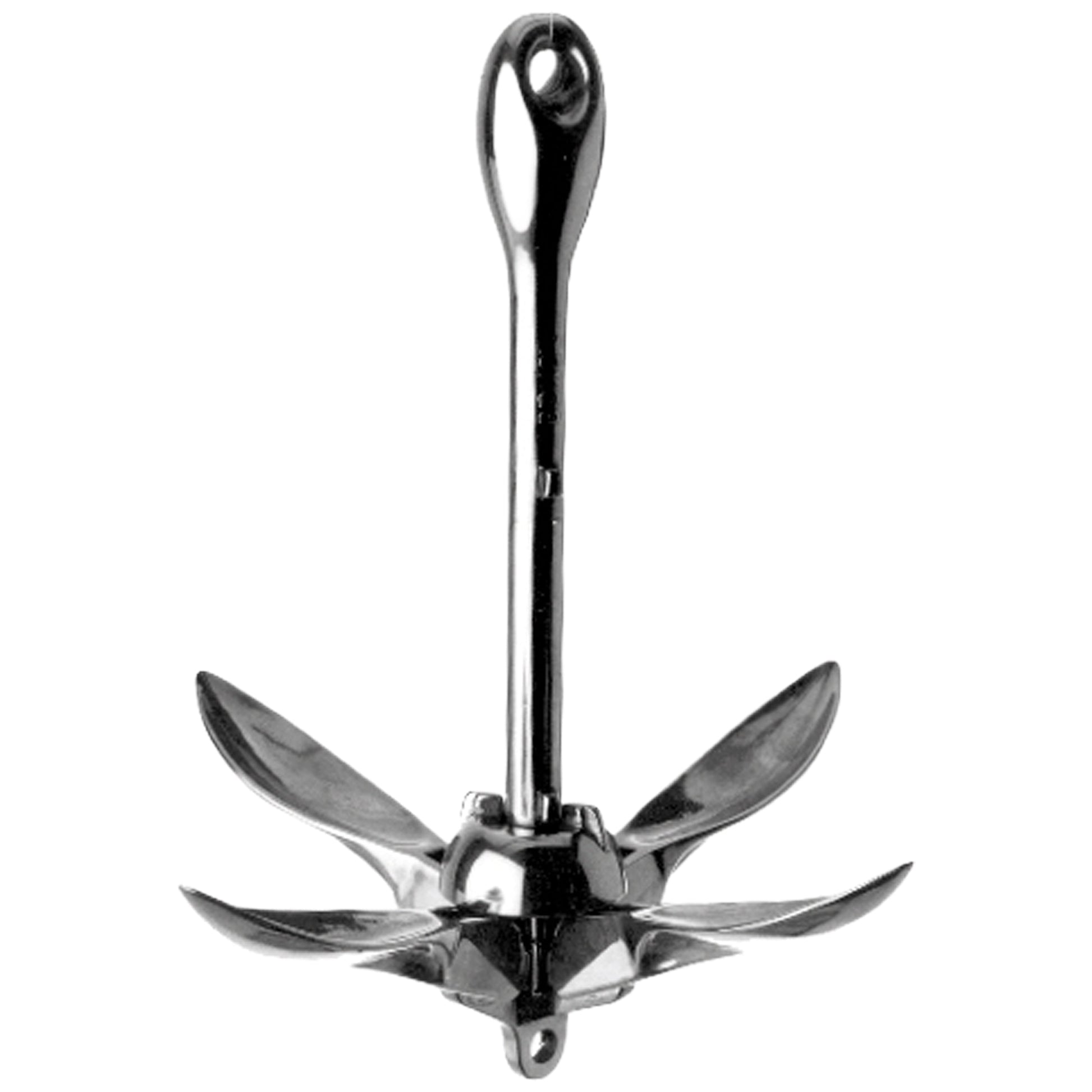 Ein glänzender Faltklappanker mit 4 breiten, ausgeklappten Flunken.