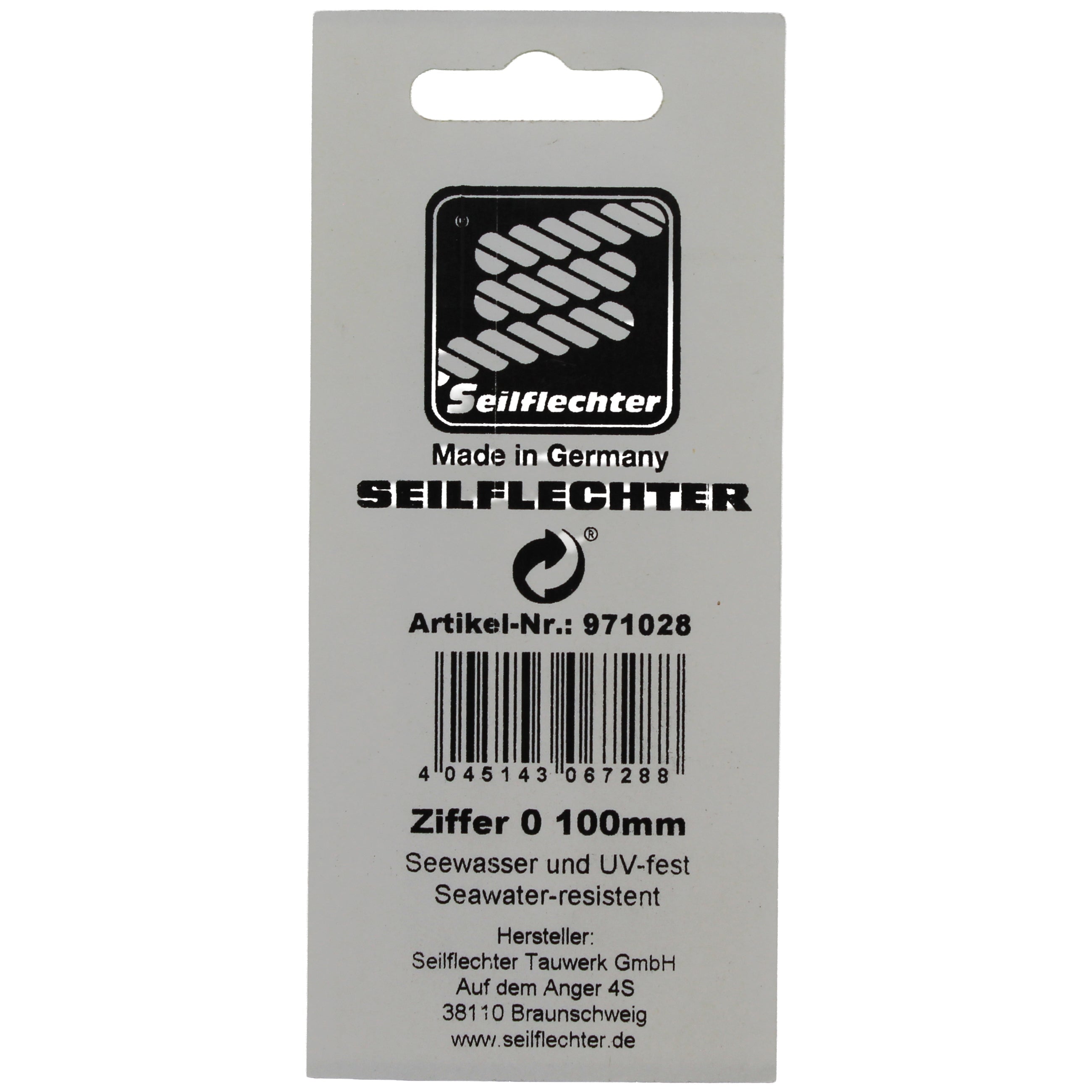 FOLIENZEICHEN "0" Folienzeichen Zahlen SEILFLECHTER Tauwerk GmbH 