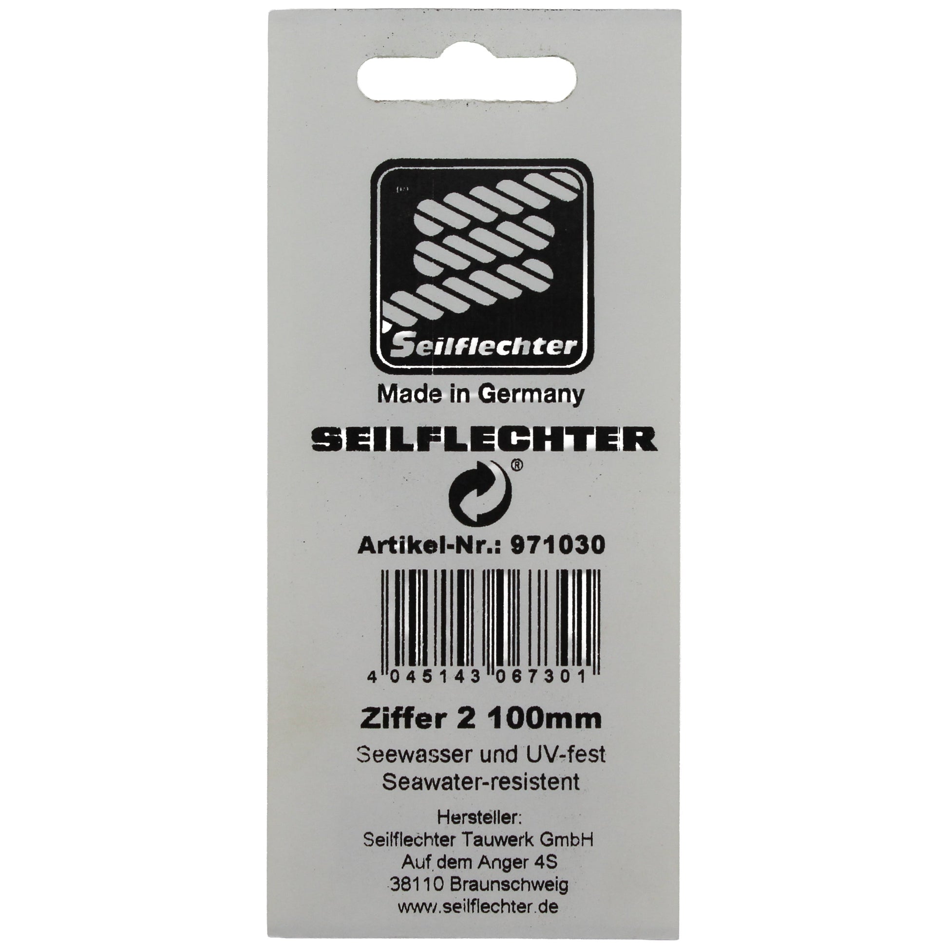 FOLIENZEICHEN "2" Folienzeichen Zahlen SEILFLECHTER Tauwerk GmbH 