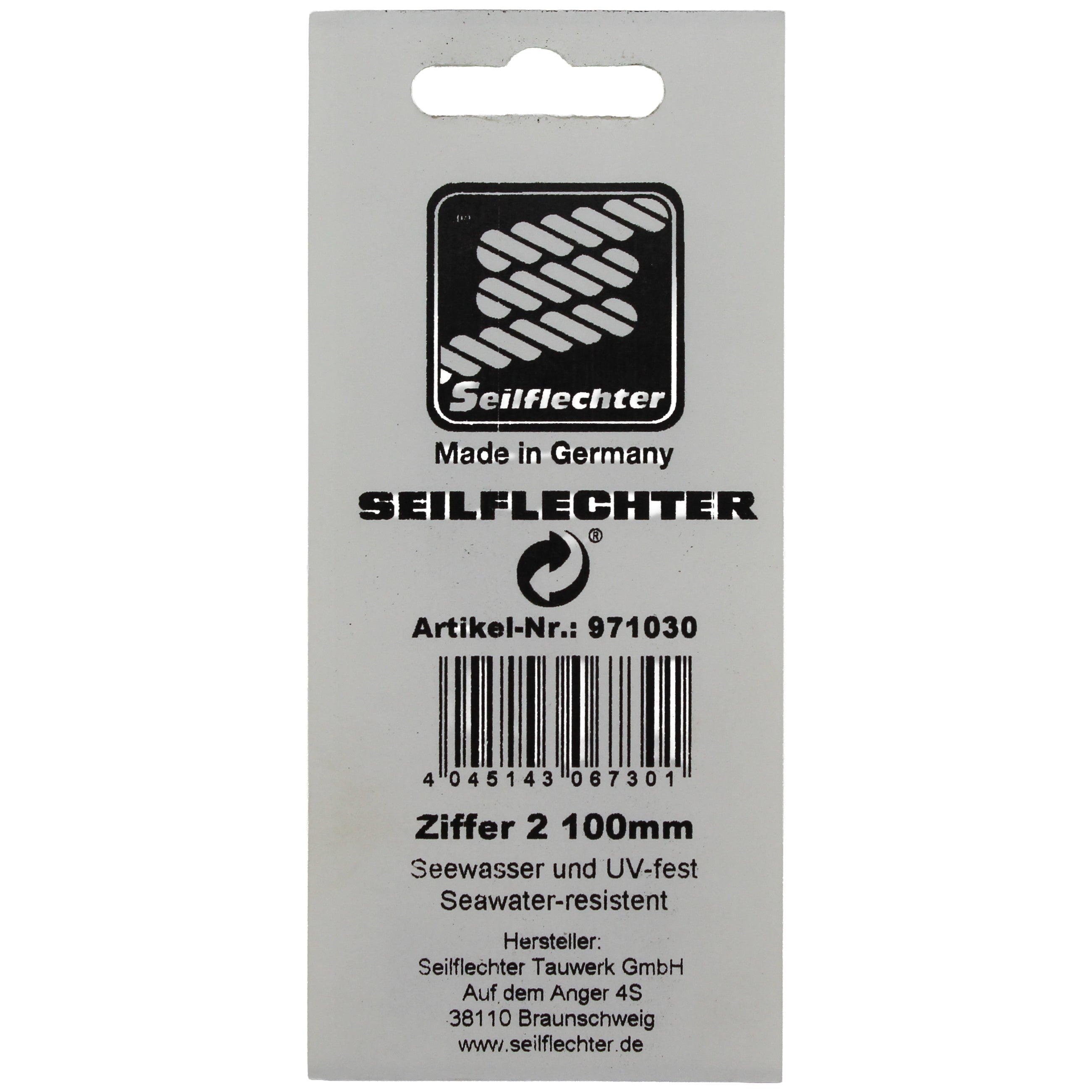 FOLIENZEICHEN "2" Folienzeichen Zahlen SEILFLECHTER Tauwerk GmbH 