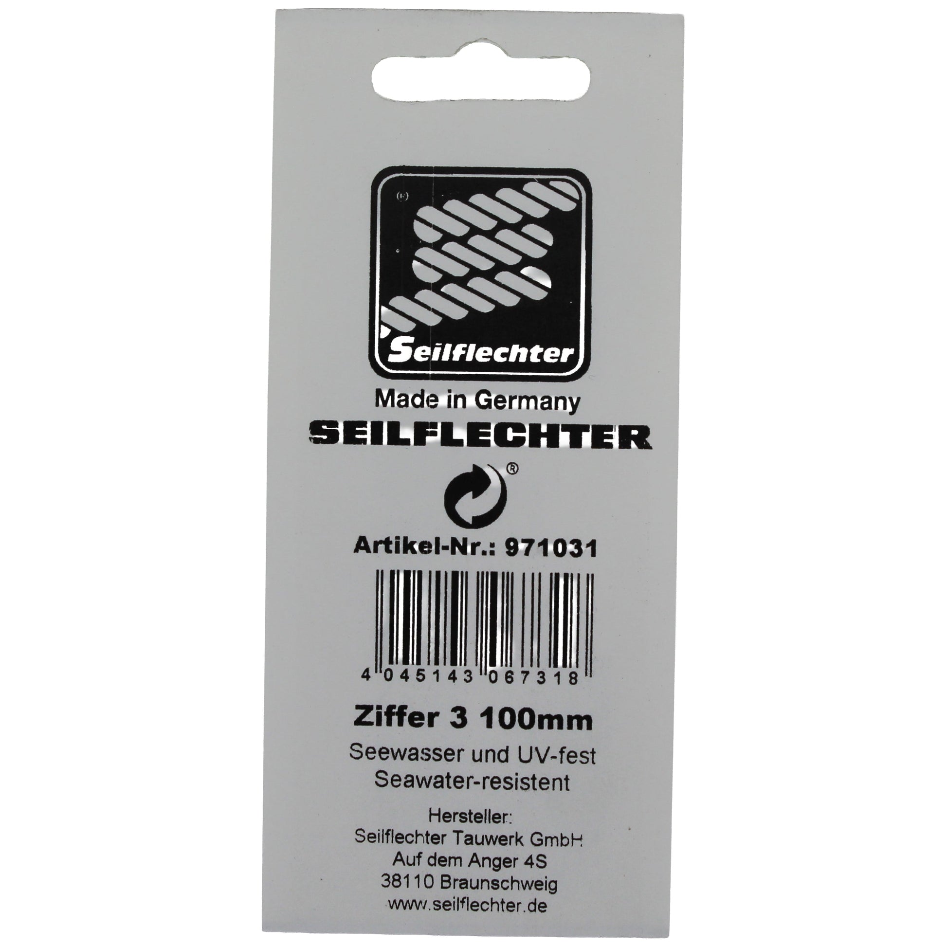 FOLIENZEICHEN "3" Folienzeichen Zahlen SEILFLECHTER Tauwerk GmbH 