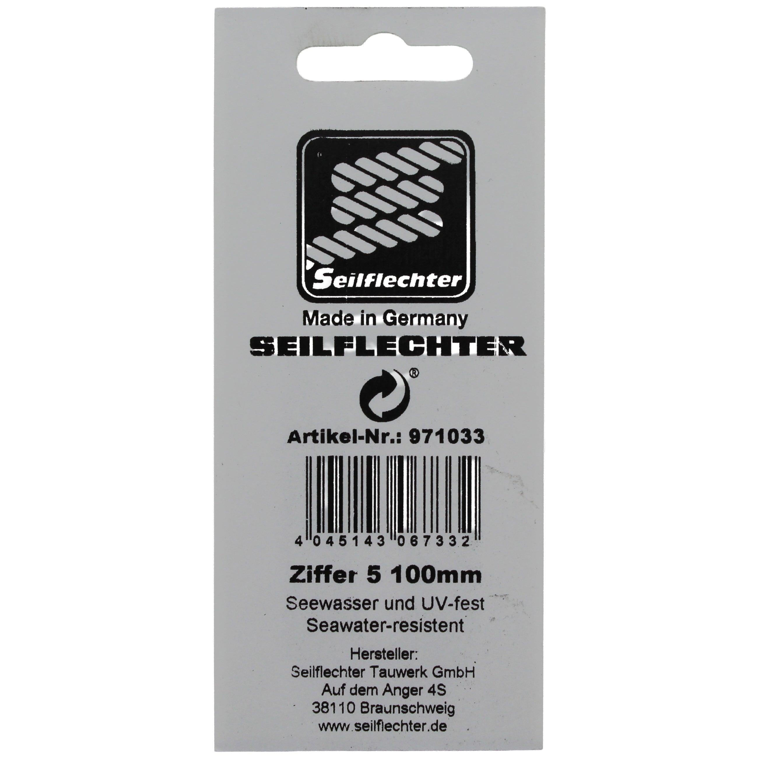 FOLIENZEICHEN "5" Folienzeichen Zahlen SEILFLECHTER Tauwerk GmbH 