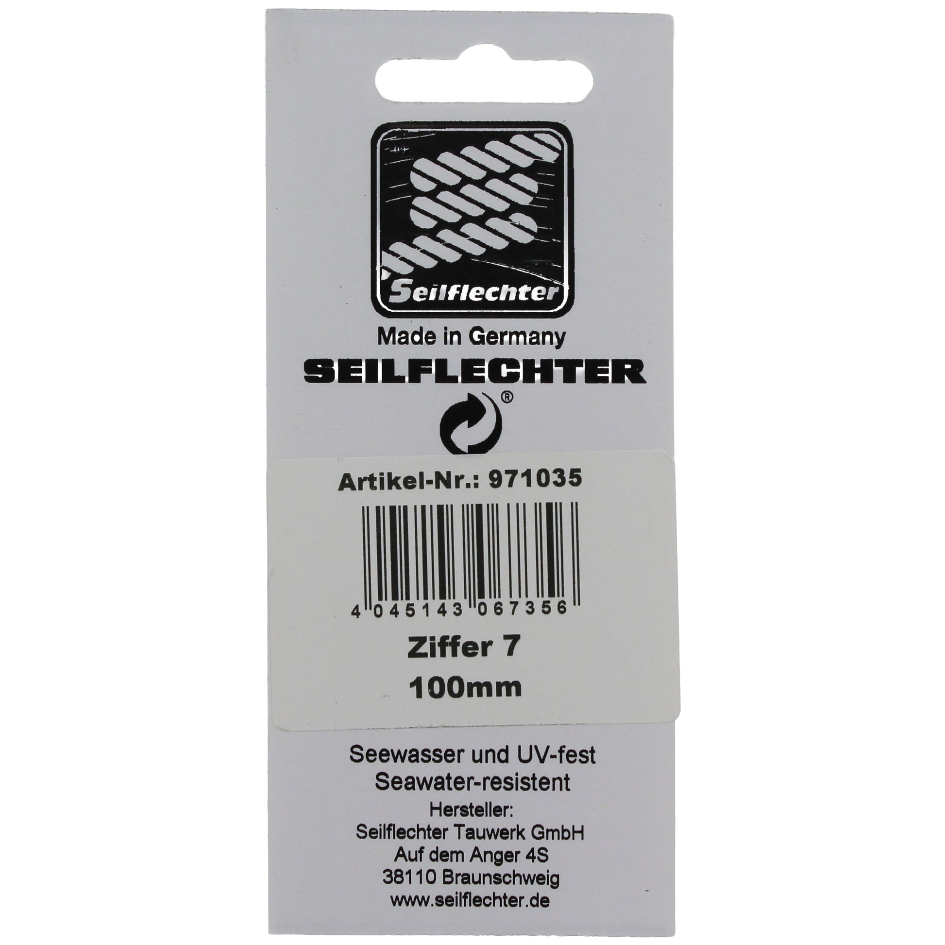 FOLIENZEICHEN "7" Folienzeichen Zahlen SEILFLECHTER Tauwerk GmbH 