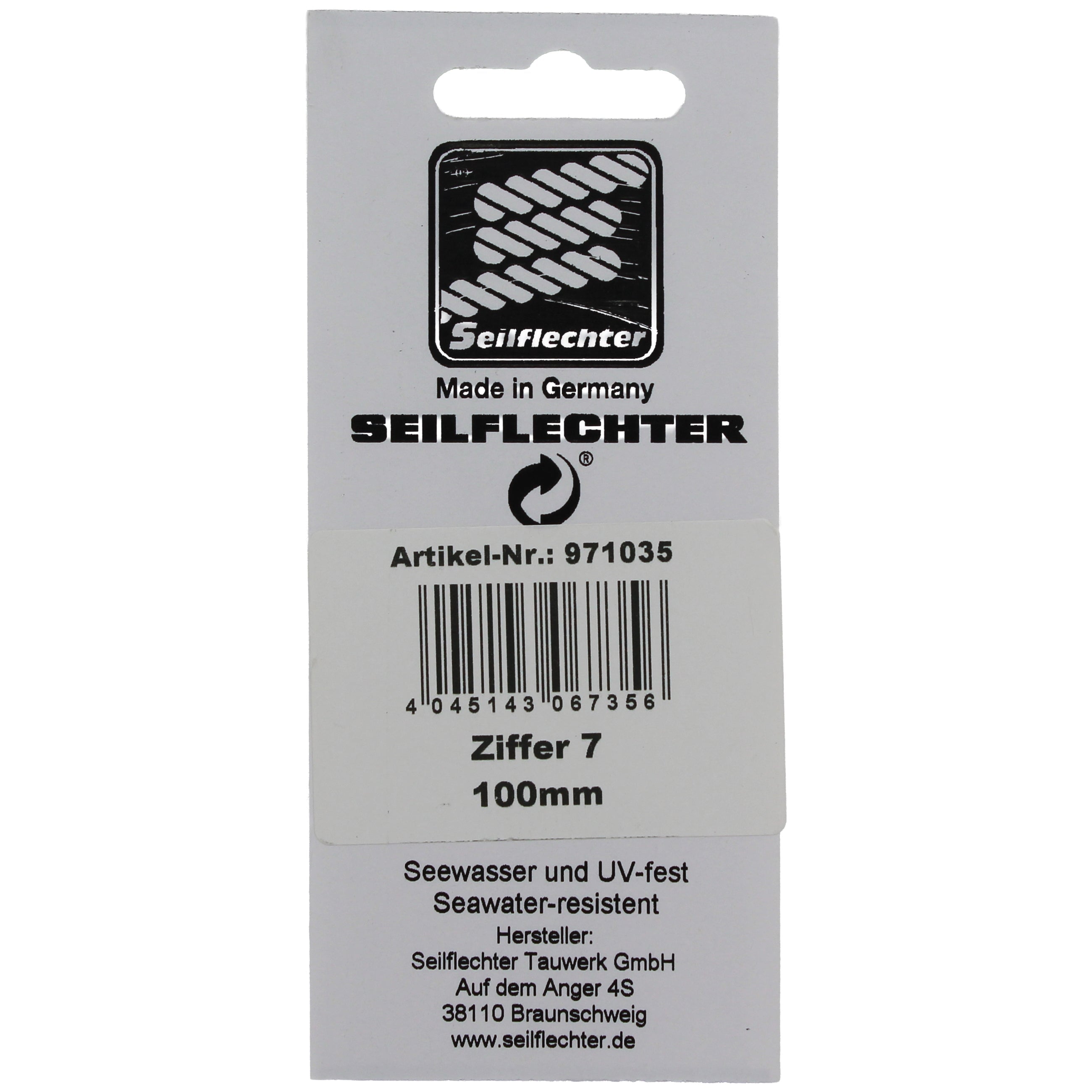 FOLIENZEICHEN "7" Folienzeichen Zahlen SEILFLECHTER Tauwerk GmbH 