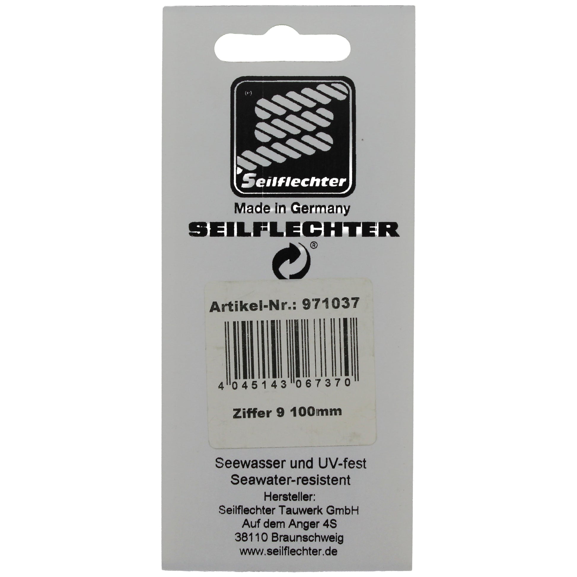 FOLIENZEICHEN "9" Folienzeichen Zahlen SEILFLECHTER Tauwerk GmbH 