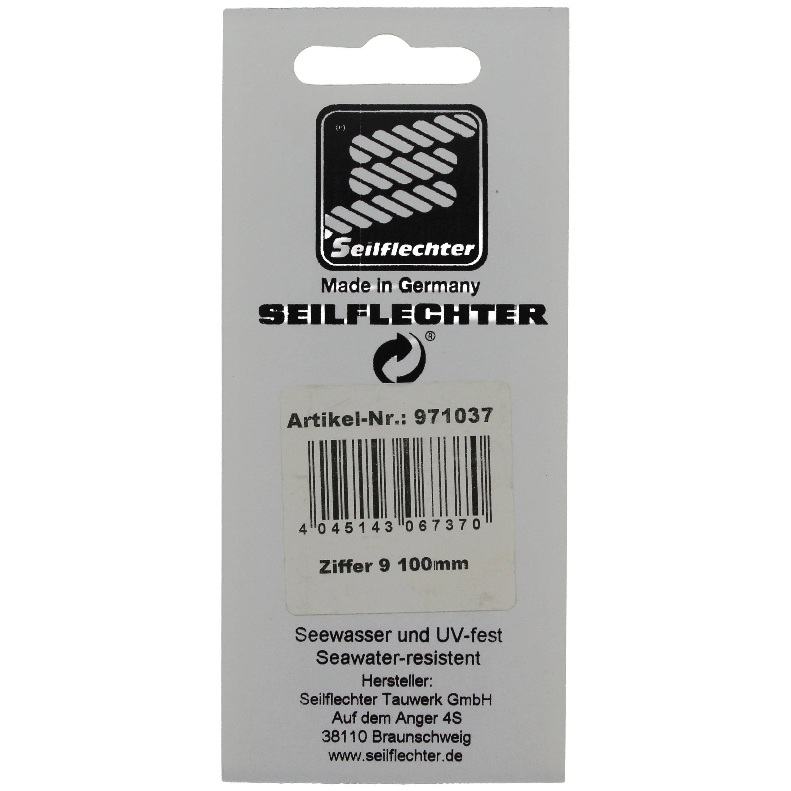 FOLIENZEICHEN "9" Folienzeichen Zahlen SEILFLECHTER Tauwerk GmbH 