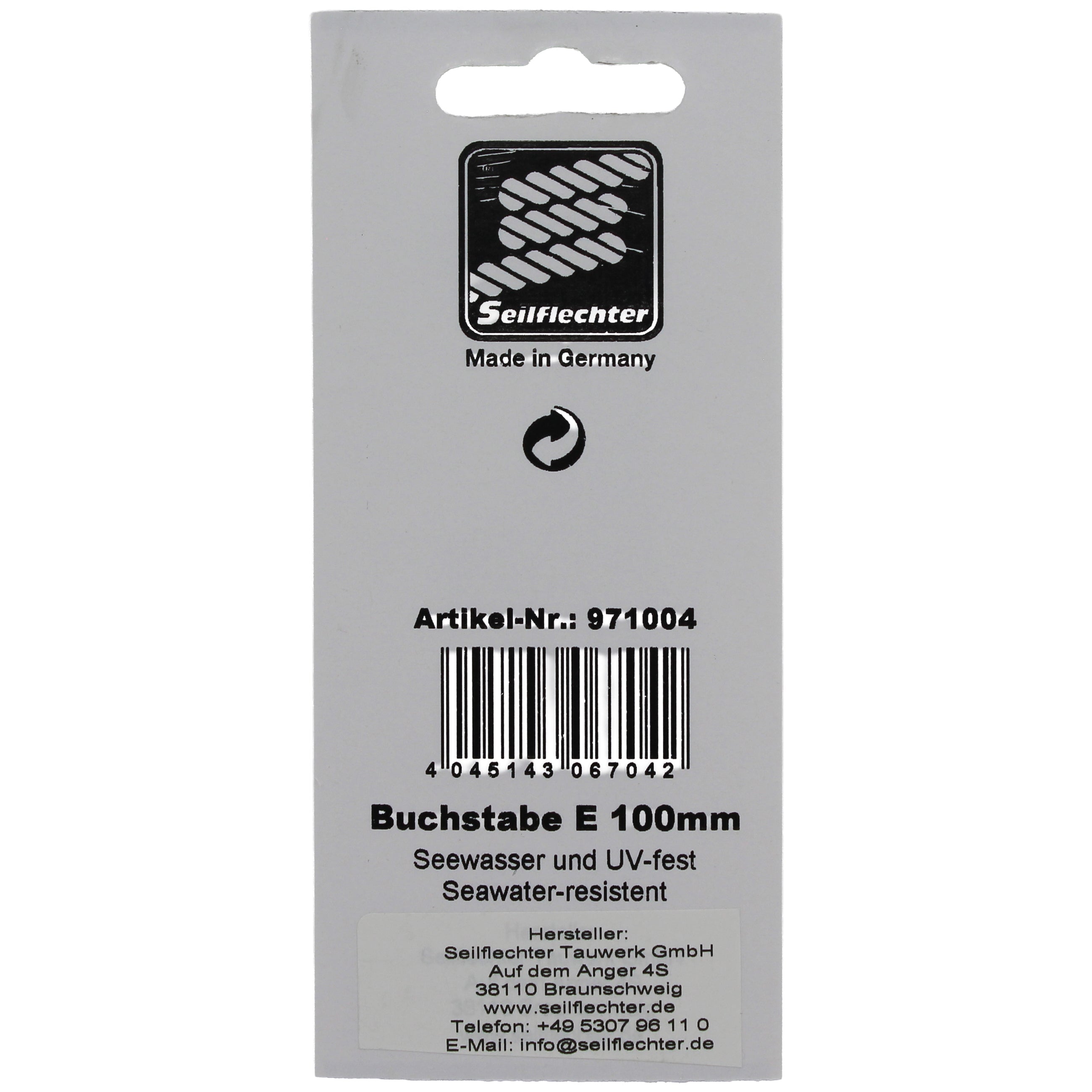 FOLIENZEICHEN "E" Folienzeichen Buchstaben SEILFLECHTER Tauwerk GmbH 