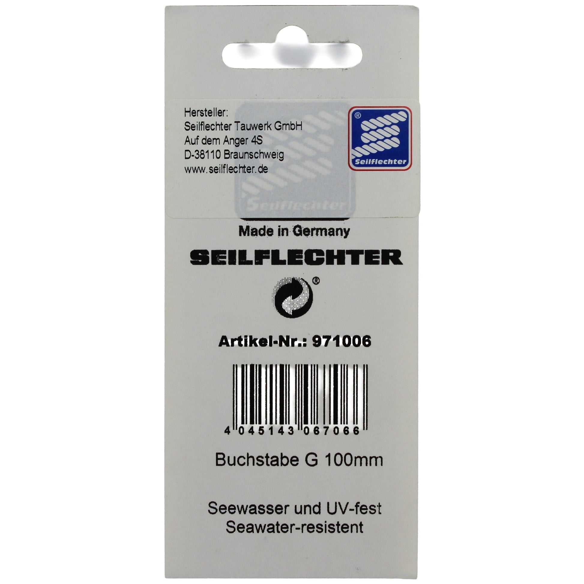 FOLIENZEICHEN "G" Folienzeichen Buchstaben SEILFLECHTER Tauwerk GmbH 