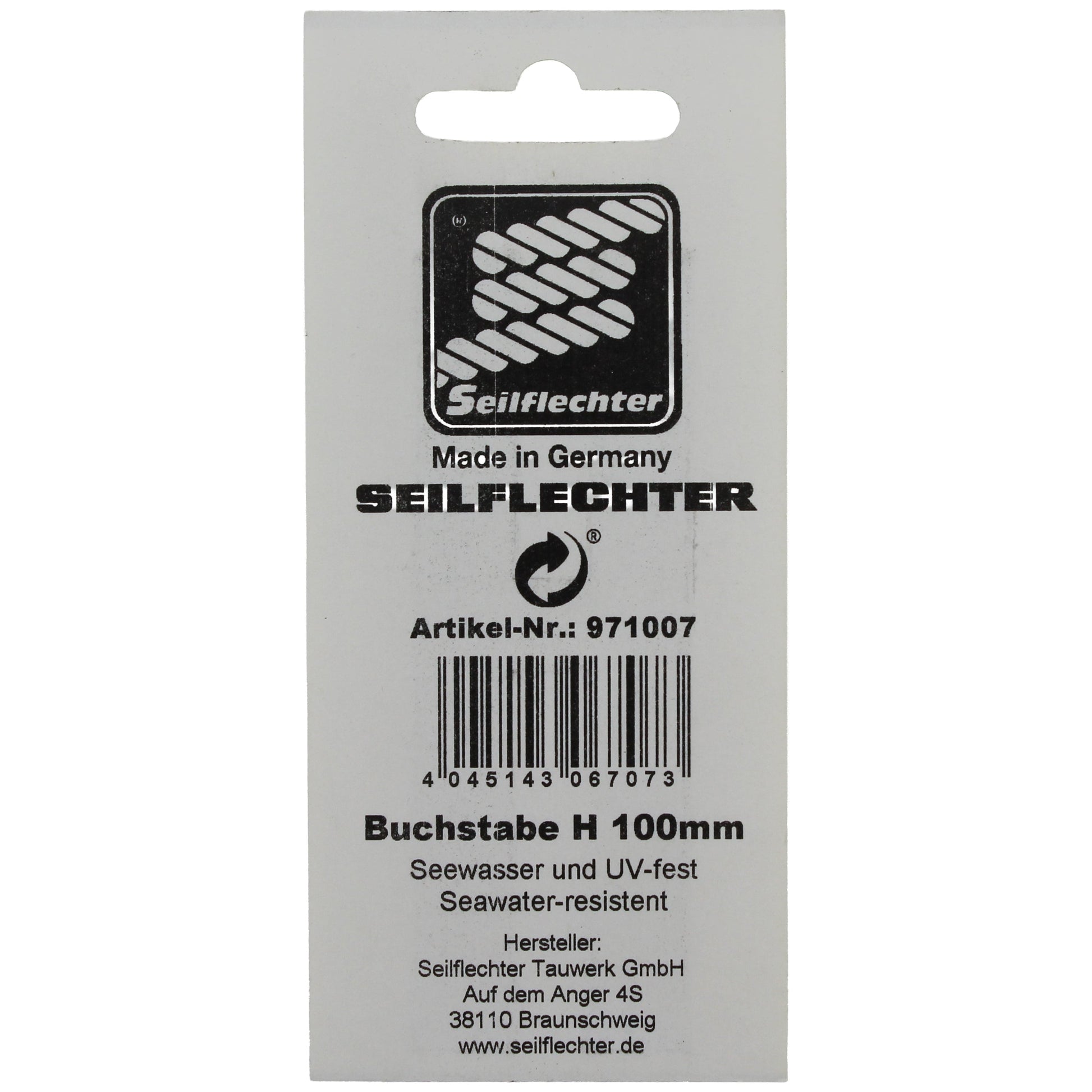 FOLIENZEICHEN "H" Folienzeichen Buchstaben SEILFLECHTER Tauwerk GmbH 