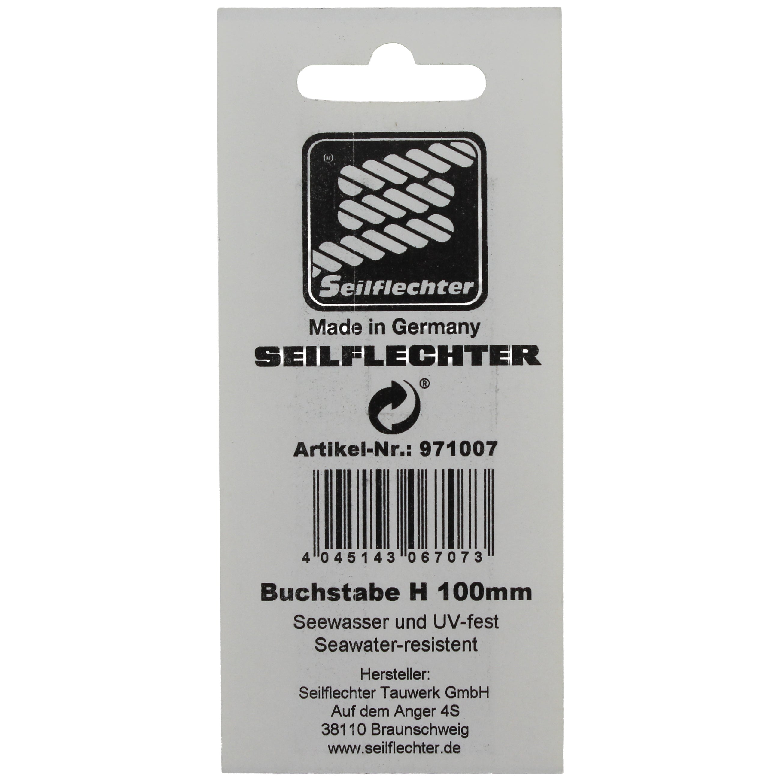 FOLIENZEICHEN "H" Folienzeichen Buchstaben SEILFLECHTER Tauwerk GmbH 