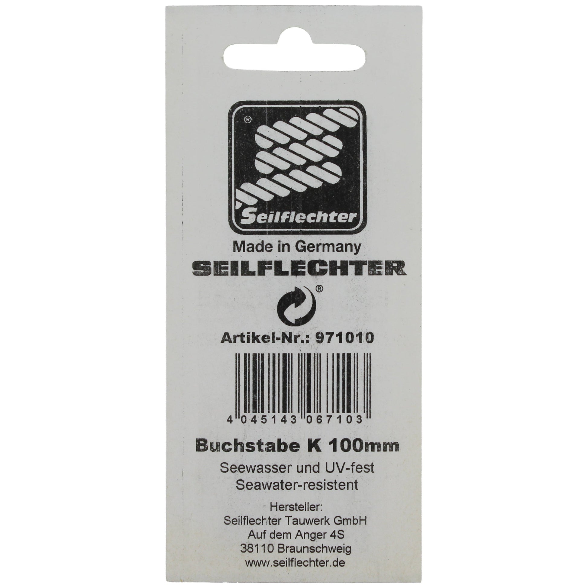 FOLIENZEICHEN "K" Folienzeichen Buchstaben SEILFLECHTER Tauwerk GmbH 