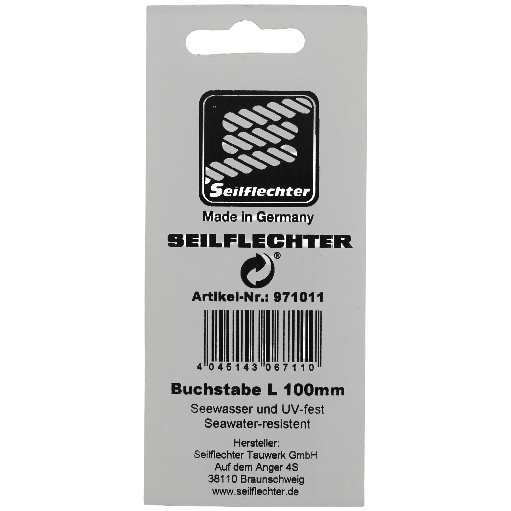 FOLIENZEICHEN "L" Folienzeichen Buchstaben SEILFLECHTER Tauwerk GmbH 