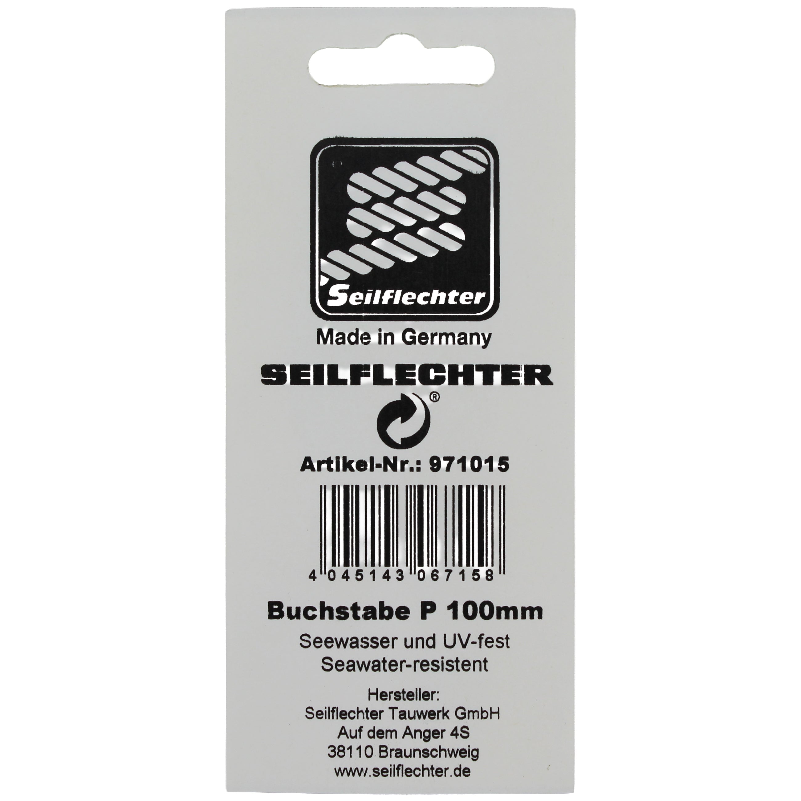 FOLIENZEICHEN "P" Folienzeichen Buchstaben SEILFLECHTER Tauwerk GmbH 