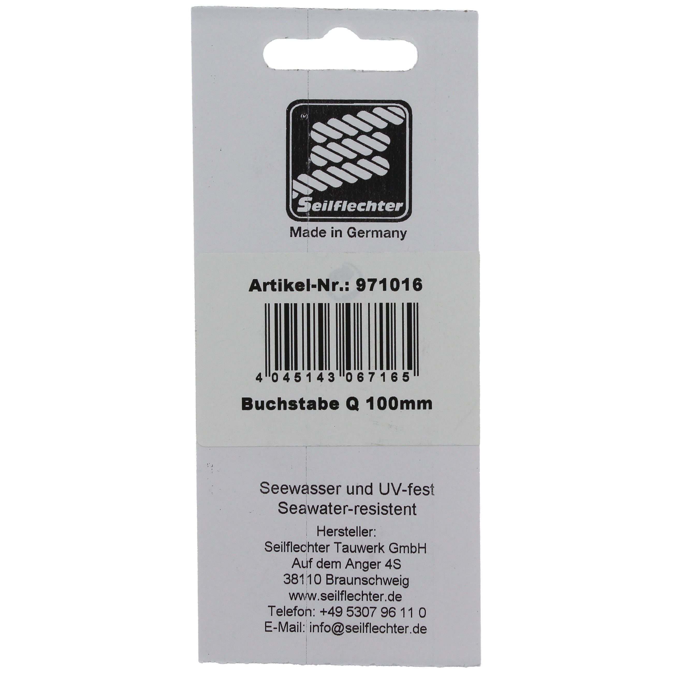 FOLIENZEICHEN "Q" Folienzeichen Buchstaben SEILFLECHTER Tauwerk GmbH 