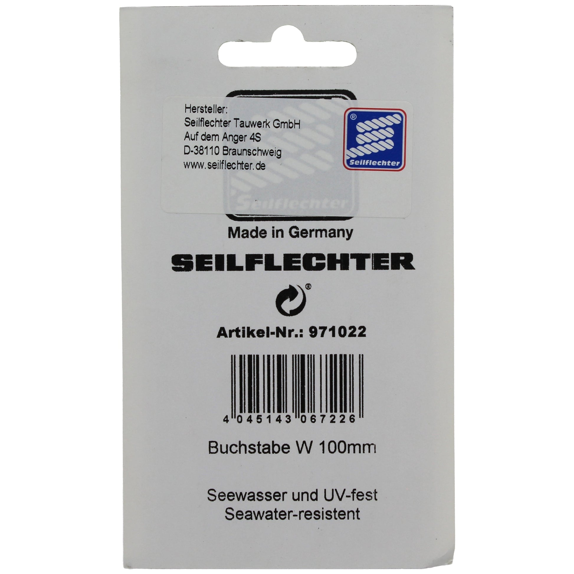 FOLIENZEICHEN "W" Folienzeichen Buchstaben SEILFLECHTER Tauwerk GmbH 