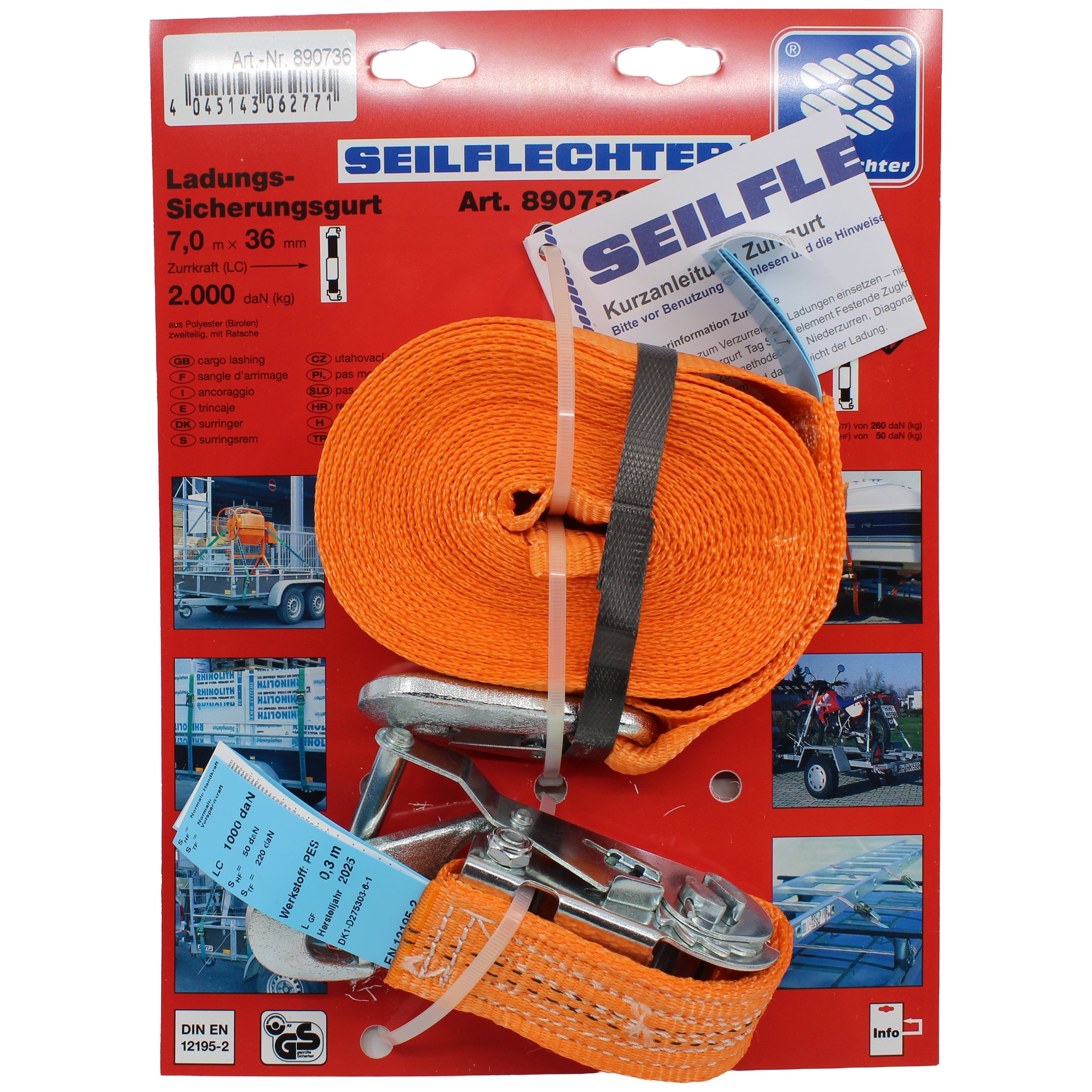 RATSCHENZURRGURT MIT KARABINERHAKEN, zweiteilig, 36 mm, Länge = 7 M, 1 TO Ratschenzurrgurte Karabiner SEILFLECHTER Tauwerk GmbH 